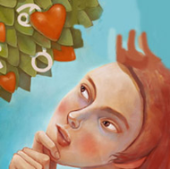Person gazes up at tree growing hearts and astrological symbols